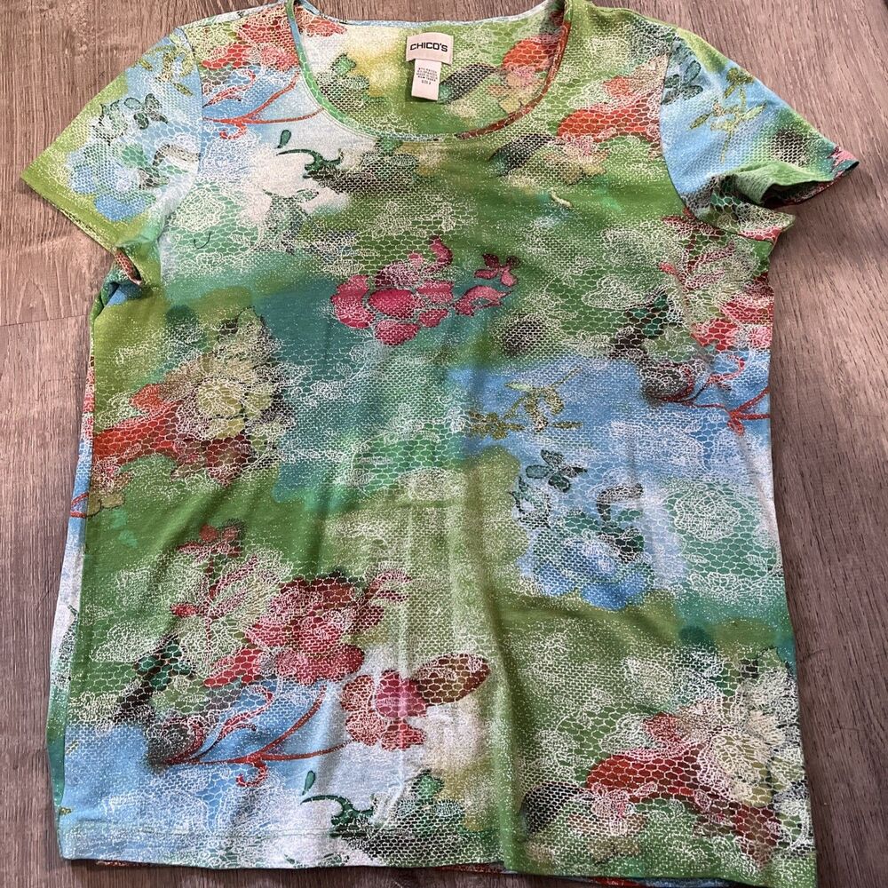 Chico's T Shirt Top Women's Size 2-Large Tropical Short Sleeve Top Colorful!